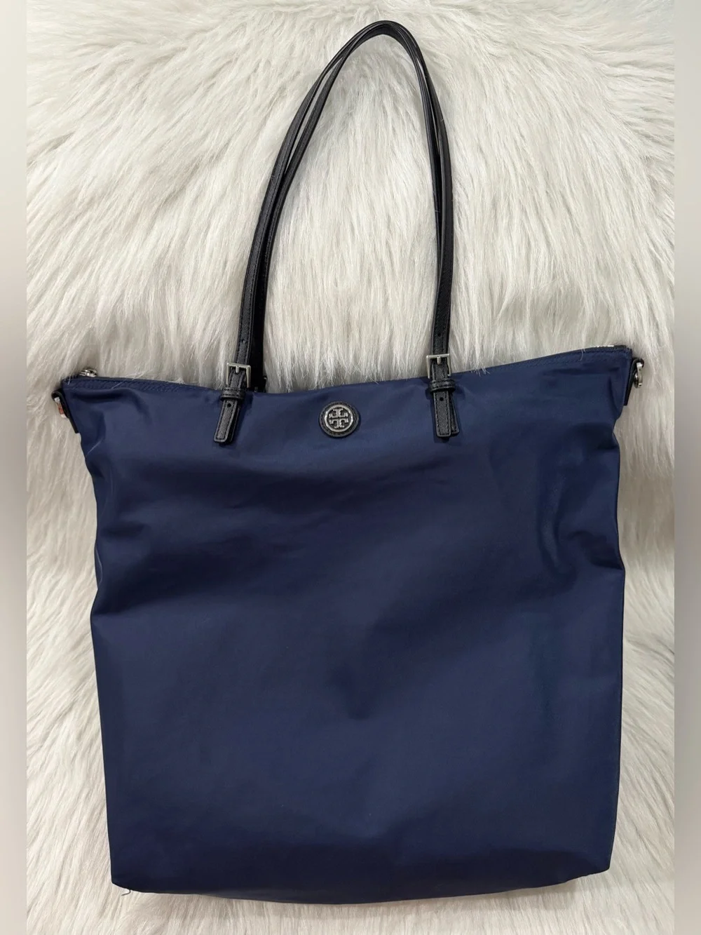 Tory Burch Navy Virginia Nylon Tote Zip Top Removable Canvas Strap EUC
